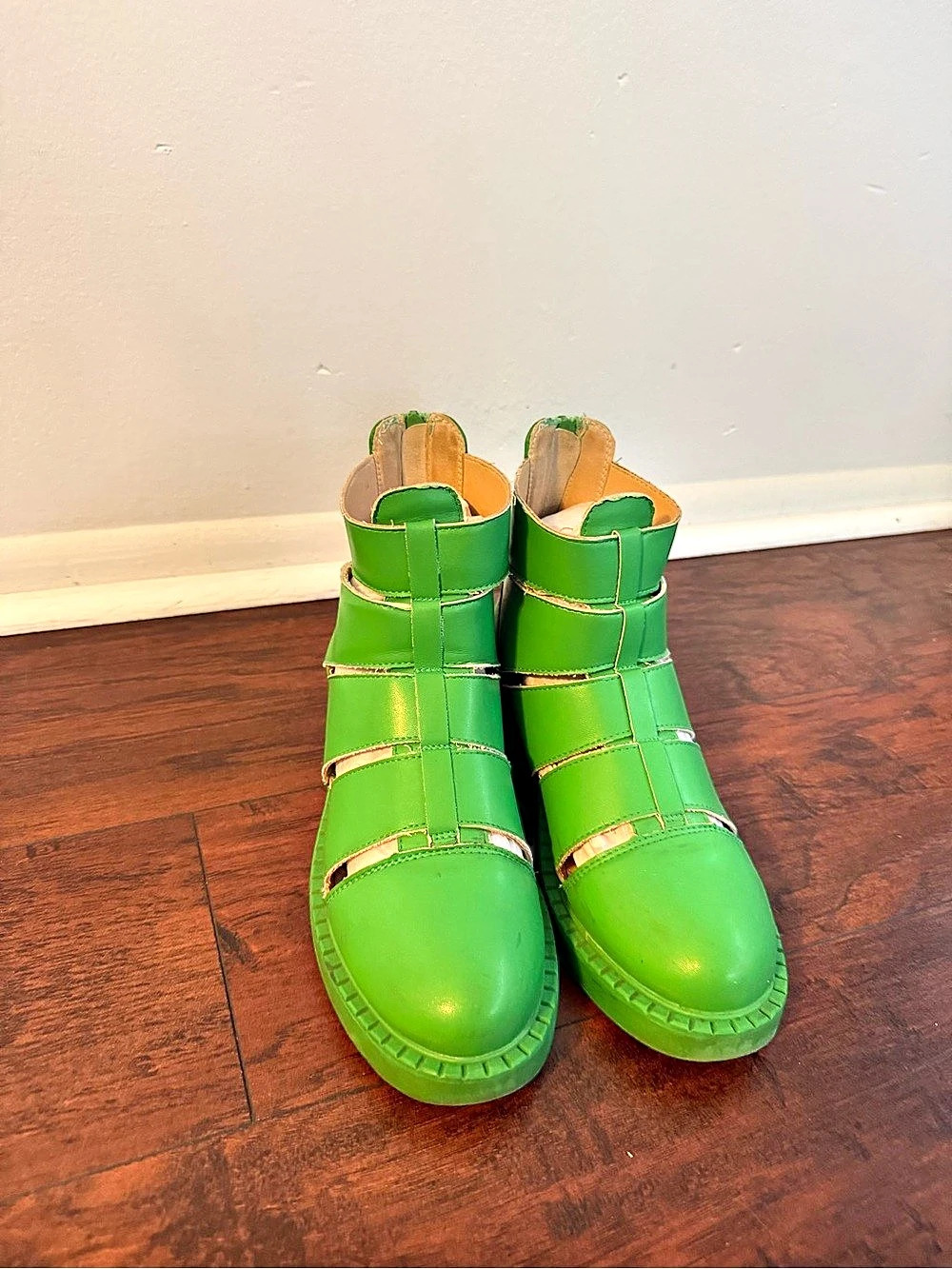 Green Cutout Gladiator Booties Chunky Heel Zip Back Women's Size 7 / EU 37